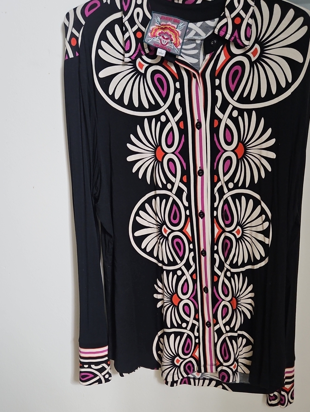 Johnny Was Black Button-Down Top with Cream, Pink and Orange Floral Trim